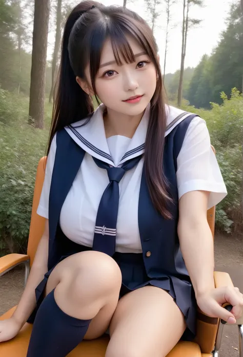 (16k、 RAW Photo ,masterpiece,best quality),( photorealistic),super fine illustration, highres, score_9、 score_8_ up the side、 score_7_ up the side、8k,1 female 1 male、 ponytail、ecstasy,forest、school uniform,thigh-high socks, old man、grandfather and gr...