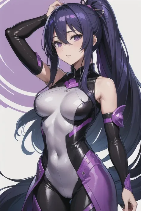 Rinko Akiyama from TaimaninRPGX, bluish purple hair, absurdly long hair, hairs between eyes, high ponytail, purple eyes, purple rinko's taimanin suit, anime colored