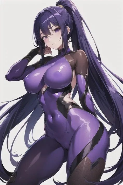 Rinko Akiyama from TaimaninRPGX, bluish purple hair, absurdly long hair, hairs between eyes, high ponytail, purple eyes, purple rinko's taimanin suit, anime colored