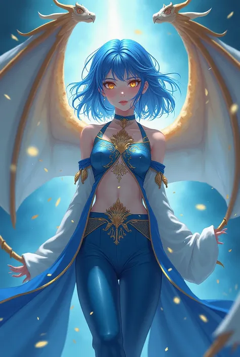 alone,  Anime Girl,  dragon girl ,  dragon wings on blue and gold back, medium blue hair ,  golden eyes,  fair skin , blue and gold cover,  blue and gold clothes , blue pants.
