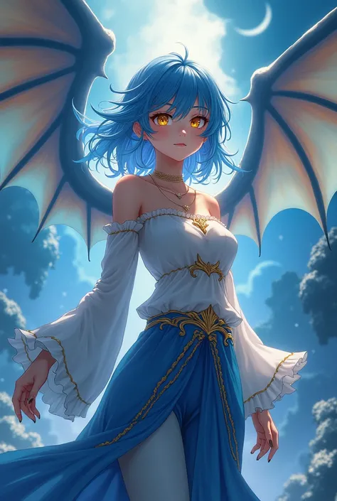 alone,  Anime Girl,  dragon girl ,  dragon wings on blue and gold back, medium blue hair ,  golden eyes,  fair skin , blue and gold cover,  blue and gold clothes , blue pants.
