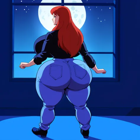 score_9, score_8_up, score_7_up, score_6_up, score_5_up, score_4_up, BREAK, 1girl, MJ, freckles arcoss face, blue eyes, dark red hair, black shirt, dark blue jeans, blue black shoes, very long straight hair, 1girl, ((huge breasts, huge butt, thick thighs, ...
