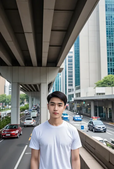 A man wearing a white T-shirt, standing by a flyover, below as the street has cars running.