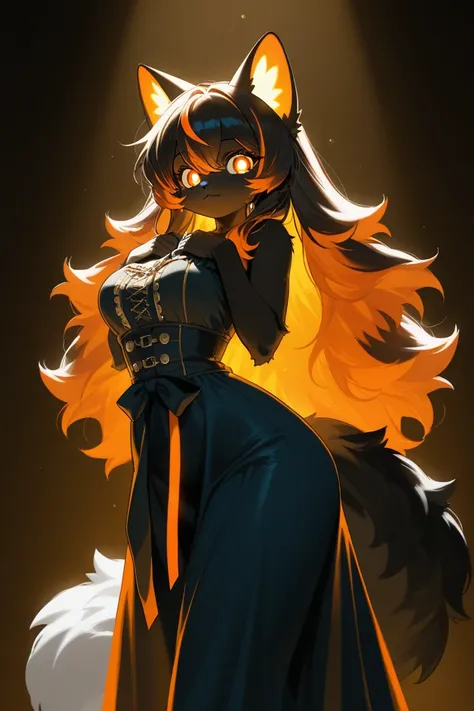 furry, cat, short torso, short compact, black fluffy layered body, long black layered poofy fur past waist, layered black fur, black layered hair down to waist, soft glowing elements, extra long fur, ultra cute face, ultra detailed fluffy tail, orange high...