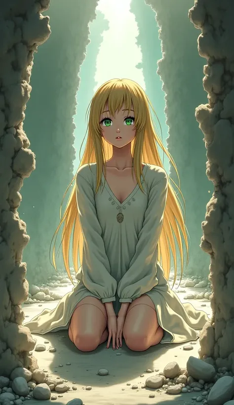 Anime girl long blonde hair a lock of hair covers her left eye,  green eyes, Long shirt, You can see that her bare feet touch the ground she is sitting in the chasm of a building