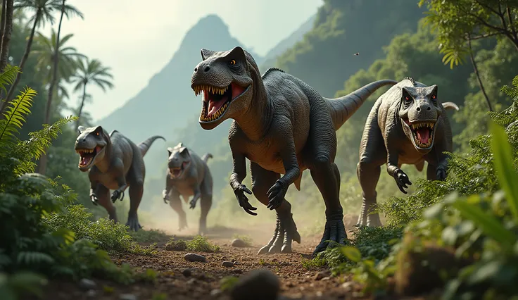 High definition 3D photo depicting a dramatic prehistoric scene, set in a lush, vibrant, and primordial landscape with towering ferns, sprawling cycads, and mist-shrouded volcanoes in the distant background. In the foreground, a pack of Tyrannosaurus Rexes...