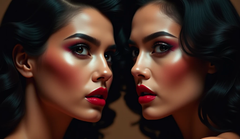 A highly dramatic and visually striking close-up of two women with glamorous makeup, featuring bold red lips, long curled lashes, and perfectly contoured faces. The background is blurred with moody lighting, emphasizing the sensual and intense expressions ...