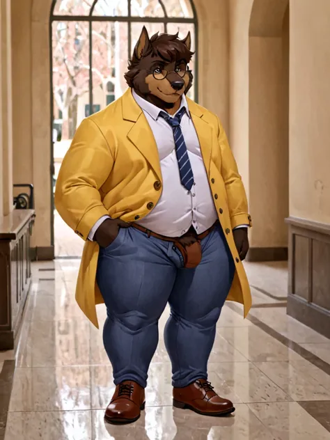   better quality,  amazing quality, Just a young werewolf ,  colored coat with short hair, yellow color, dark brown fur, You are fat  (is a giant ),  wide hips,  fat legs  , and arms, He's wearing a medium cup hat , reading glasses, a white shirt with tigh...