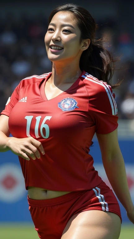 ((masterpiece, photorealistic, highest quality, ultra detailed, ultra high resolution, 16K)), kim heeseon, actress, korean, (((super gigantic saggy breasts))), cleavage, plump, curvy, (cameltoe), korea national soccer team uniform, ((short sleeve soccer un...