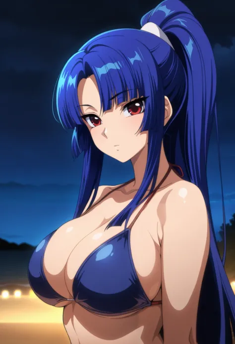 safe_pos, yatsu, 1girl, solo, blue hair, ponytail, long hair, red eyes, large breasts, bikini, blue bikini, upper body, outdoors, night night time, looking at the viewer, masterpiece, best quality, amazing quality, anime coloring,
