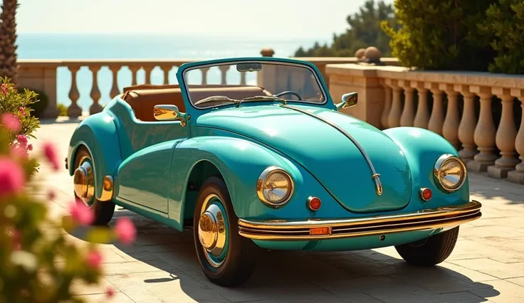 *"A retro-modern convertible car inspired by the classic Citroën 2CV and Volkswagen Beetle, featuring a curvy and sleek body with a futuristic yet vintage aesthetic. The car is painted in a glossy turquoise blue with gold accents on the grille, wheel rims,...