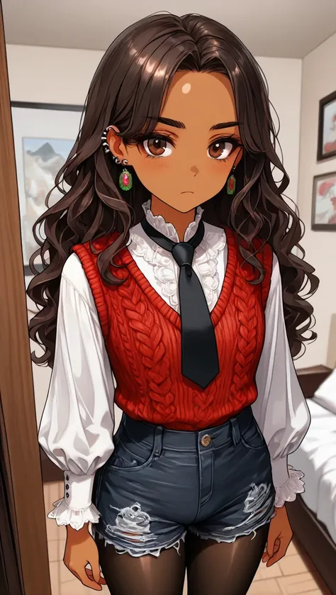 1Girl, Mature, Hispanic, Mexican, Brown Skin, Long Wavy Hair, Brunette, Shiny Hair, Brown Eyes, Medium Chest, White Tight Long-Sleeved Button-Up Shirt, Red Knitted Vest, Black Cut-Off Jean Shorts, Black Pantyhose, Black Neck Tie, Black Ear Piercings, Looki...