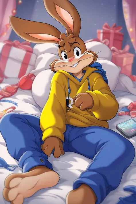 zPDXL3,quicky,4 fingers,brown fur, blue pants, yellow winter sweater, French style, sitting down on the bed in the bedroom, young 25 year old adult, 6 feet tall, cute version of quicky, cute rabbit hair, furry, rabbit, male, femboy, slim,solo,looking_at_vi...