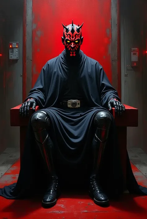 Oil painting of Darth Maul face with a creepy smile and with black cybernetic legs sitting in a sober black space throne in a dark space station with red lights.