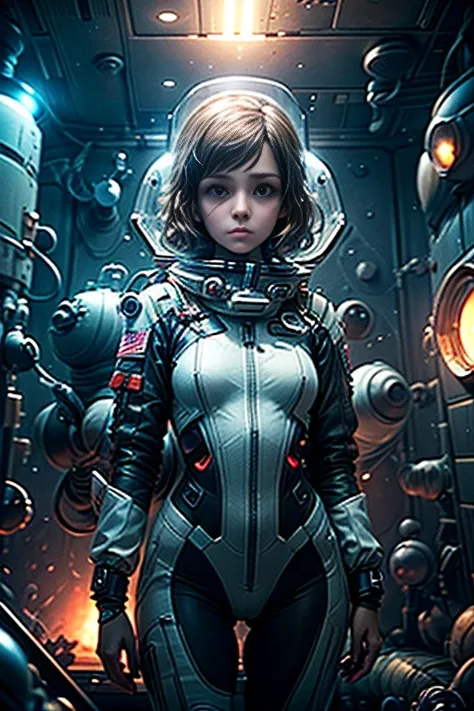 astronaut girl, (( science fiction )),((Alisa Selezneva)),(( lonely space station )),((oppressive atmosphere)),(( loneliness)),Neolight,  futuristic style ,(( A girl aged  )),(( In a futuristic square spacesuit, bodysuit)),((  cute face)),(  short dark hai...