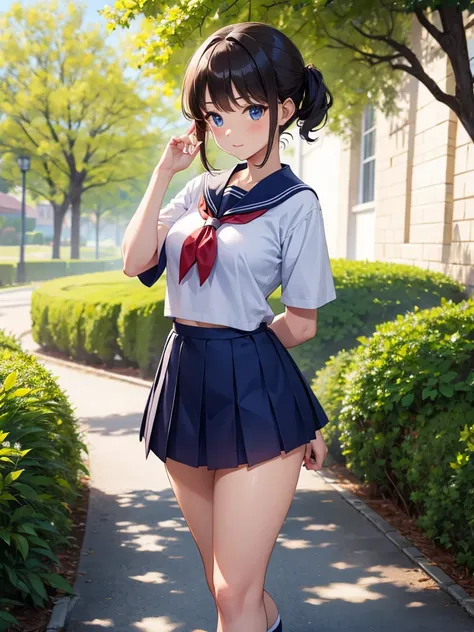 Ultra HD, A beautiful girl is standing ,  sailor uniform,  not wearing a skirt ,  schoolback , garden,  thigh up