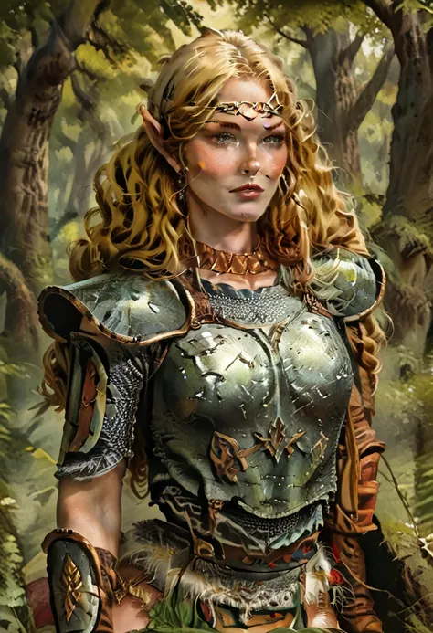 (1girl) laurana, elf, long blonde hair, breastplate, armor, BREAK looking at viewer, confident smile, sexy pose, BREAK,  in a deserted forest, masterpiece, dramatic lighting, highly detailed, depth of field