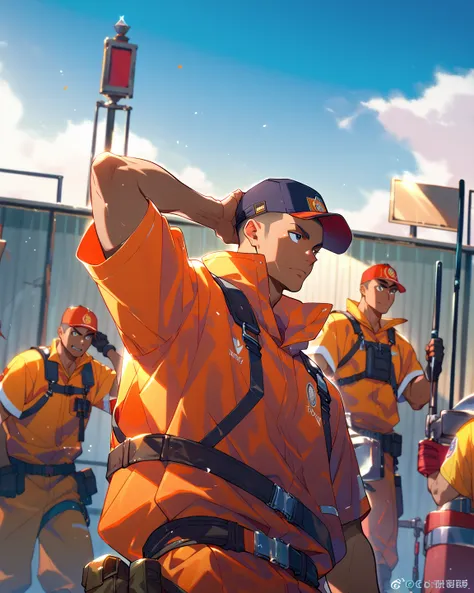 High quality,((dark tan)),very short cut hair,forehead,crew cut,((Cap)),Firefighter,orange clothes,harness,working,outside,sky,hand on head