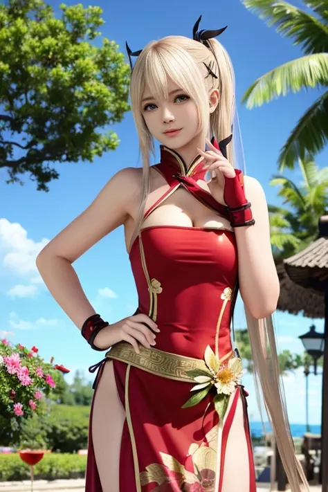 Marie rose, master-piece, best quality, 1girls,25 years old, proportional body, sexy body, proportional., red chinese outfit, red qipao, bara, Standing in the middle of a flower garden, outdoor, The sky is beautiful, ..........................................