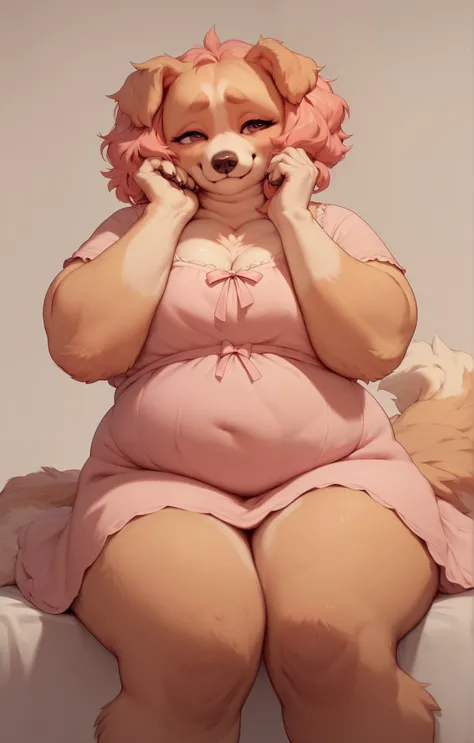 score_9, score_8_up, score_7_up, score_6_up, anthro, humanoid dog, fluffy dog, chubby, big round tail, fluffy body, pink cute dress, smug, voluptuous body, short female, detailed cute hearted eyes, shy demeanor,  by Riolutiny