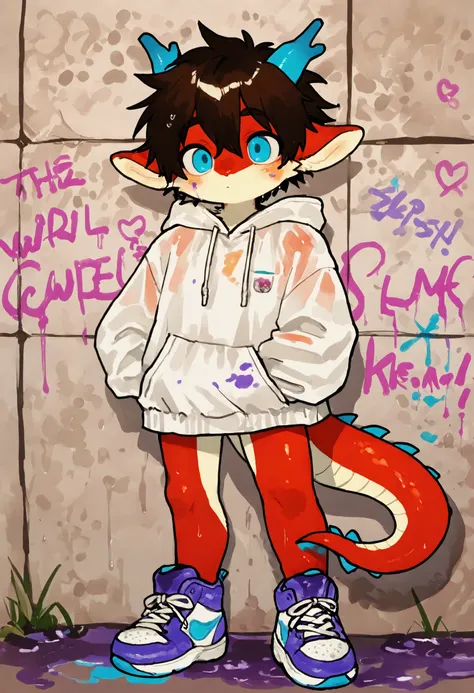 source_ furry， furry male，elementary school students，((boy  )),short hair，Dragon boy  , (furry, kemono  :1.4)， masterpiece, best quality, perfect anatomy, bright eyes, detailed eyes, furry,  male,cute, smaller male，Detailed background: Graffiti wall,
 The ...