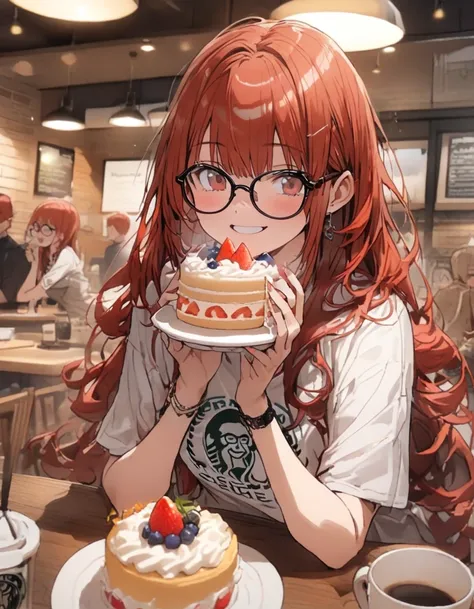  Masterpiece、 girl、 redhead、 long hair、smile、 glasses and a t-shirt with ,(((Big cake)))、 focus on faces,  coffee shop， drinking coffee ，綺麗な coffee shop，warm coffee