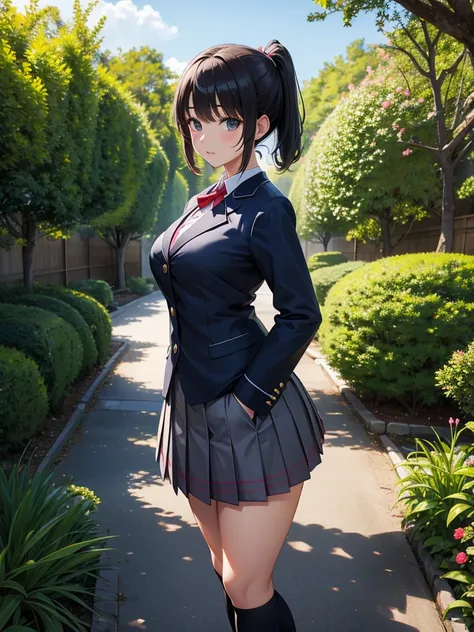 Ultra HD, A beautiful girl is standing ,  Japanese blazer uniform,  Ultra Miniskirt ,  schoolback , garden,  thigh up