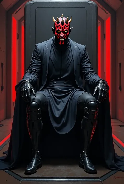 Oil painting of Darth Maul face with a sadistic smile and with black cybernetic legs sitting in a sober black space throne in a dark space station with red lights.