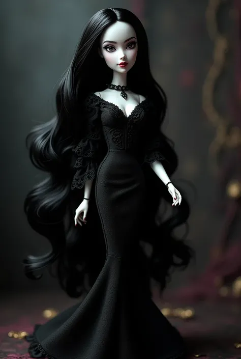 a barbie doll of morticia addams