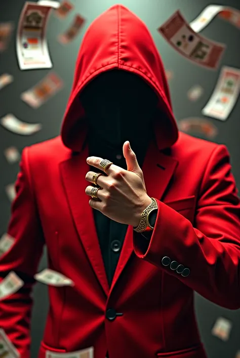 Make a guy in a red suit wearing an anonymous mask and a round gold ring and flying money and a phrase that only hits the system on the ring and several card machines 