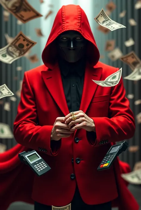 Make a guy in a red suit wearing an anonymous mask and a round gold ring and flying money and a phrase that only hits the system on the ring and several card machines 