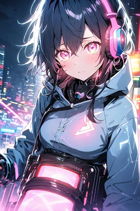 ( cyberpunk,),  low angle、Blue-black hair,  long hair, bangs,   headphones , chest,   black hoodie, Plasma Gunsword , cute girl in cyborg mechanical bodysuit、blue lightning、 watches viewers, Staring ,  is dazzling, anger,  photorealistic,  cyberpunk アニメTOK...