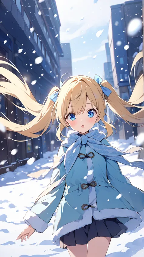 plateau、winter、 It's snowing、 1 girl,  look,  blue eyes,  blonde,  twin tails, How hair flutters in the wind、 widescreen,  wide angle shot,  background blur, 