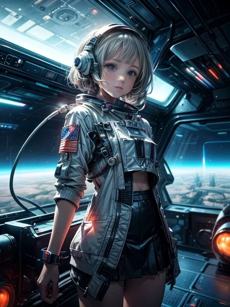 astronaut girl, (( science fiction )),((Alisa Selezneva)),(( lonely space station )),((oppressive atmosphere)),(( loneliness)),  futuristic style ,(( A girl aged  )),((In a futuristic spacesuit with a short skirt, lots of pockets )),((  cute face)),(  shor...