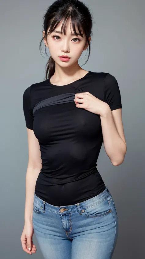 Business girl (tight fitting black shirt) (blue tight fitting jeans. These jeans are low rise) (straight hair) (with bangs, black hair) (piercing eyes) (round face) (Japanese) (plain grey background, sharp retouching, fine retouching, realistic. natural fi...