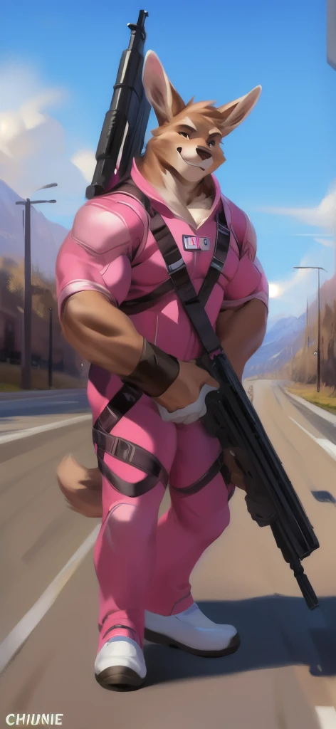  alone, male Tall​,huge​ body​, stand,Carrying a long gun as a weapon, road,bear kangaroo ice pink ,  pink military spacesuit,  heavy overload,  muscle bundle, smirking happy ,by chunie ​