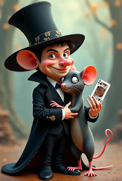 Cartoon elegant wizard dressed in a black tailcoat and a high-top hat with a poker card, hugging a rat 