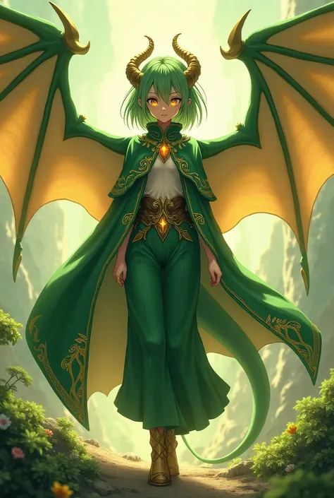 alone,  Anime Girl,  dragon girl ,  dragon wings on green and gold back, medium green hair ,  golden eyes,  fair skin ,  green and gold cape ,  green and gold clothes , green pants.
