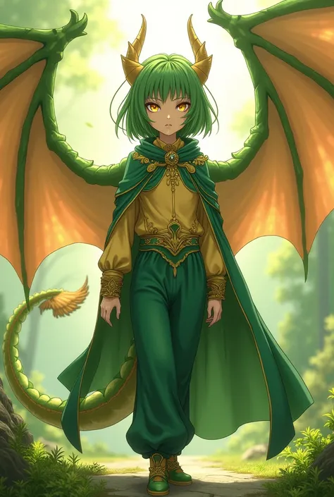 alone,  Anime Girl,  dragon girl ,  dragon wings on green and gold back, medium green hair ,  golden eyes,  fair skin ,  green and gold cape ,  green and gold clothes , green pants.
