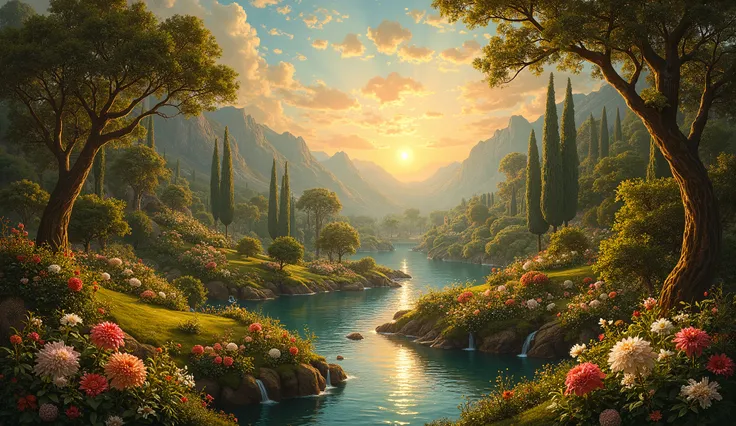 A painting drawn in the style of Raphael, a beautiful landscape, eden garden, fallwater, river, gold shinning under the water, river, hot sun