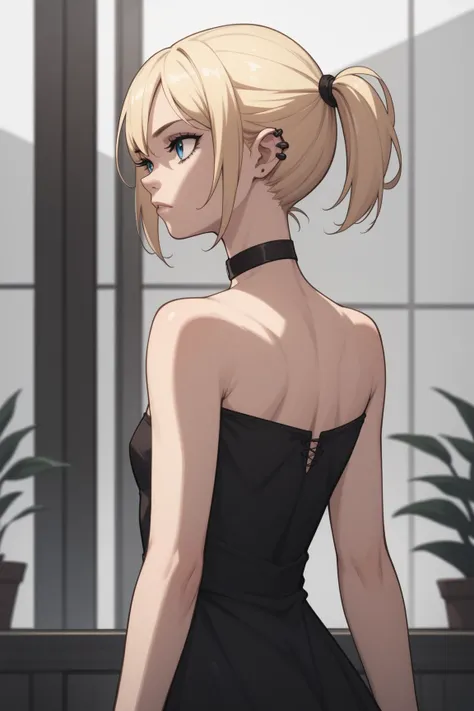 Upper body, 1girl, solo, blonde hair, small ponytail, blue eyes, goth, skinny body, small breasts, black choker, black strapless dress, complex background, casual room