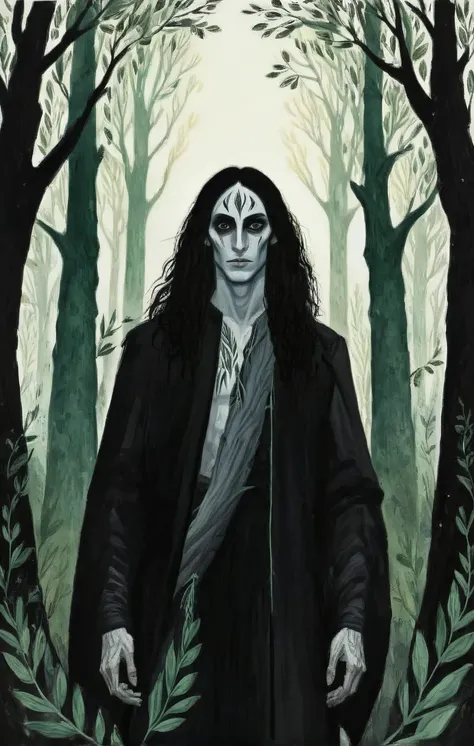 2D ART, hyper detailed gouache painting, illustration, gougoupaintleaves style, portrait of a man, 1boy, solo, long hair, male_drow:1.5, dark elf, black eyes, detailed face, handsome features, tonned, lean body, wearing vibrand black clothing, detailed han...