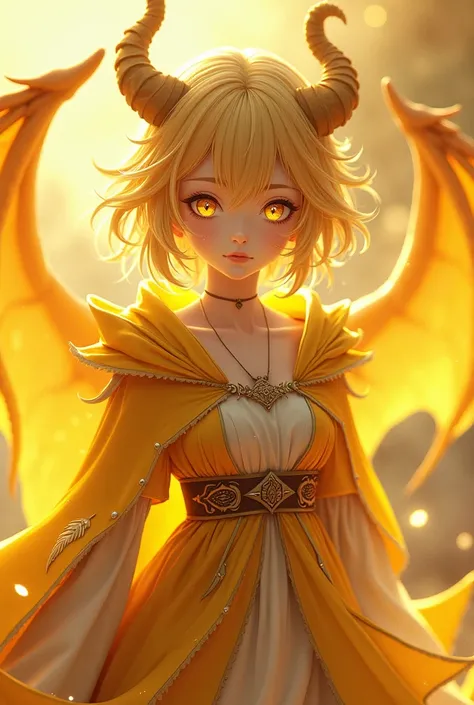 alone,  Anime Girl,  dragon girl ,  dragon wings on yellow and gold back, medium yellow hair ,  golden eyes,  fair skin ,  yellow and gold cape ,  yellow and gold clothes , yellow pants.
