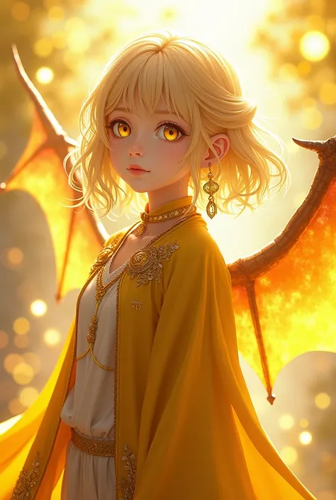 alone,  Anime Girl,  dragon girl ,  dragon wings on yellow and gold back, medium yellow hair ,  golden eyes,  fair skin ,  yellow and gold cape ,  yellow and gold clothes , yellow pants.
