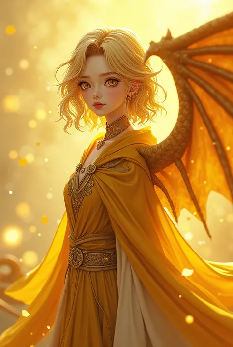 alone,  Anime Girl,  dragon girl ,  dragon wings on yellow and gold back, medium yellow hair ,  golden eyes,  fair skin ,  yellow and gold cape ,  yellow and gold clothes , yellow pants.
