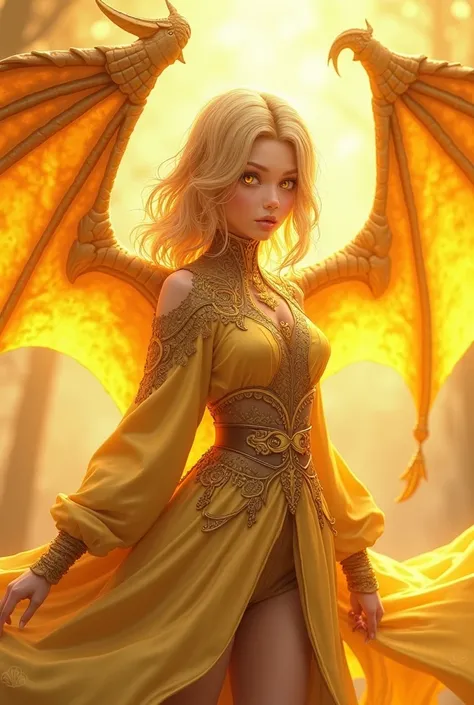 alone,  Anime Girl,  dragon girl ,  dragon wings on yellow and gold back, medium yellow hair ,  golden eyes,  fair skin ,  yellow and gold cape ,  yellow and gold clothes , yellow pants.
