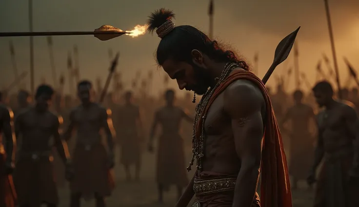 "A cinematic scene from the Mahabharata, showing Jayadratha with his head bowed, standing in a moment of impending doom. The tip of Arjuna's arrow (ambu) is positioned above his head, just moments before striking. Jayadratha's expression is filled with a m...