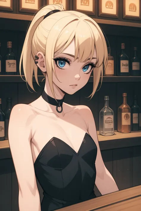 Upper body, 1girl, solo, blonde hair, small ponytail, blue eyes, goth, skinny body, small breasts, black choker, black strapless dress, complex background, bar