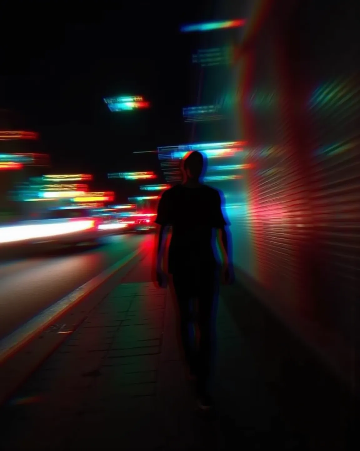 Blurred silhouette of a man walking on the sidewalk, blurred motion face, blurry light particles, car running on road, Taillight light trail photo, one point perspective method, bokeh, RGB split glitch effect, RGB shift effect, anaglyph,   . 