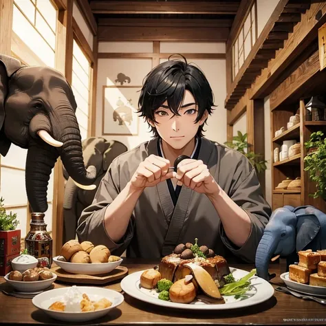 masterpiece, best quality, high resolution, dynamic angles, various angles, Japanese manga style, Japanese anime style, Western medieval fantasy style, A cheerful man with short black hair and an (((elephant face))) with sunken eyes and triple eyelids. On ...